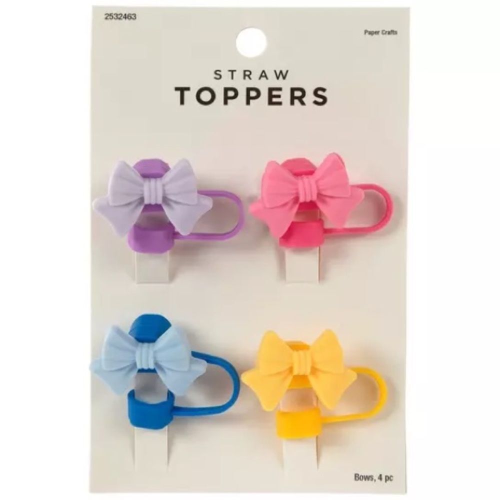 New 4 pc Bow Straw Toppers - Pink, Purple, Blue, Yellow